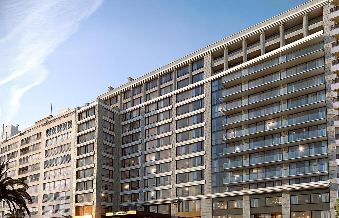 the Hyatt Hotel in Montevideo Uruguay with a blue sky background